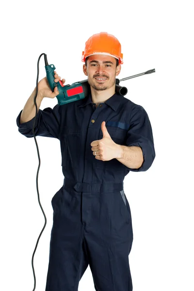 Builder with drill isolated on white background — Stock Photo, Image