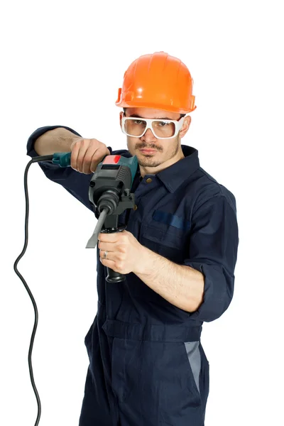 Builder with drill isolated on white background — Stock Photo, Image