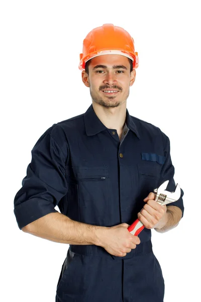 Bauarbeiter mit Schraubenschlüssel isoliert auf weißem Hintergrund — Stockfoto