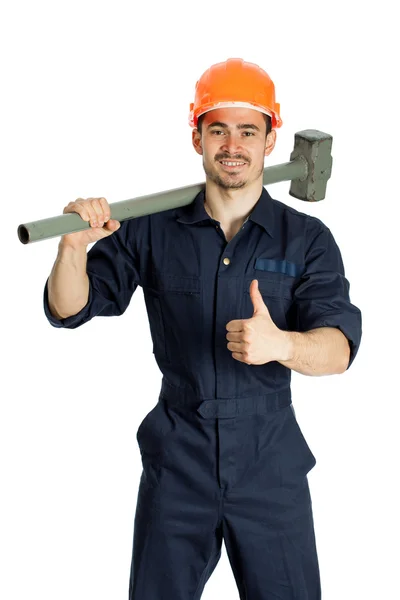 Bauarbeiter mit Hammer isoliert auf weißem Hintergrund — Stockfoto