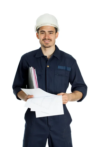 Capataz con taladro aislado sobre fondo blanco — Foto de Stock