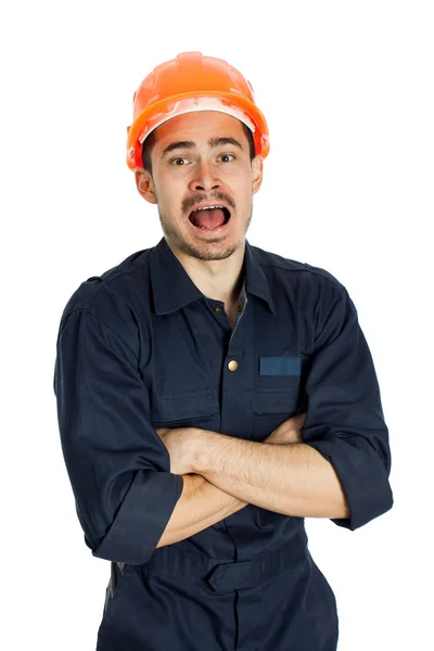 Funny trabajadora en casco con emoción en su cara — Foto de Stock