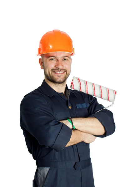 Builder with roller for painting isolated on white background — Stock Photo, Image