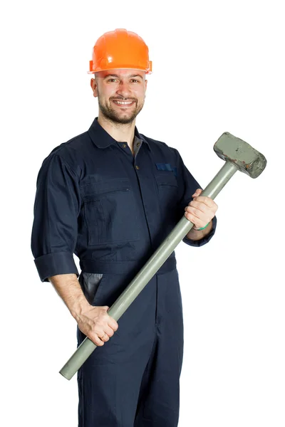 Bauarbeiter mit Hammer isoliert auf weißem Hintergrund — Stockfoto