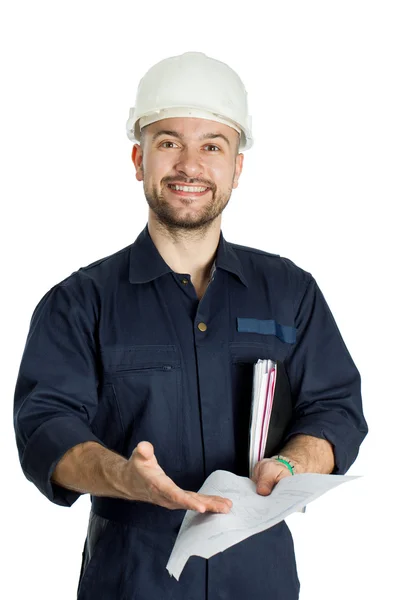 Capataz con taladro aislado sobre fondo blanco — Foto de Stock