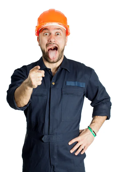 Trabalhadora engraçada no capacete com emoção no rosto — Fotografia de Stock