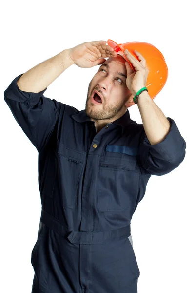 Funny trabajadora en casco con emoción en su cara — Foto de Stock