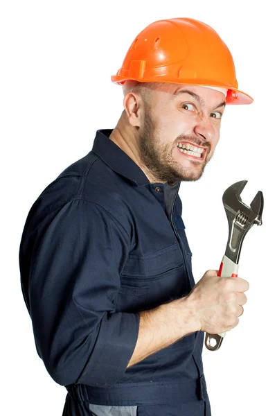 Funny worker in helmet with emotion on her face — Stock Photo, Image