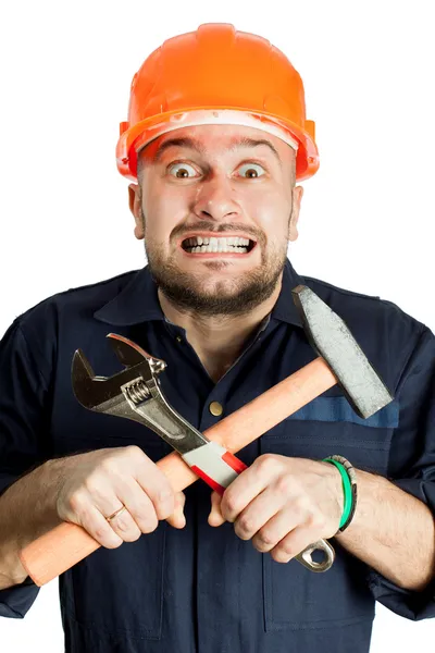 Trabalhadora engraçada no capacete com emoção no rosto — Fotografia de Stock