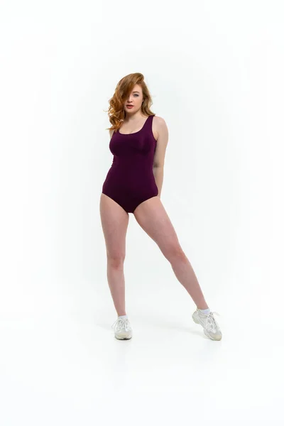 Model Size Posing Bodysuit White Background — Stock Photo, Image