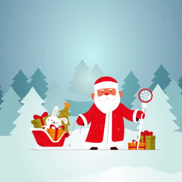 Weihnachtsmann Mit Einem Schlitten Voller Geschenke Auf Dem Hintergrund Des — Stockvideo