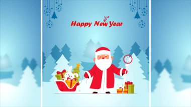 Ormanın arka planında hediyelerle dolu bir kızakla Noel Baba