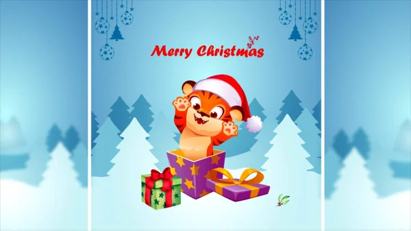 Karácsonyi Kártya Okos Tigris Erdei Háttér Stock Kép