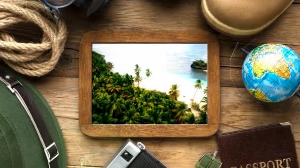 Tourist Landscape Ocean Palm Trees Globe Mockup — Video