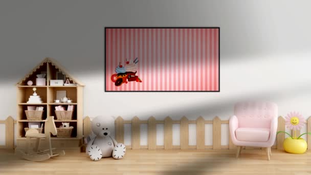 ピンク色の居心地の良い子供たちのインテリア 壁にアニメーションの抽象化と動く影 — ストック動画