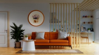 Cozy living room with a round animated picture with flowers on the wall.