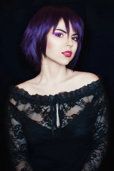 Girl with purple hair in a lace blouse — Stock Photo, Image