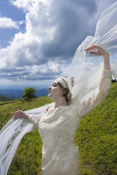 Mariée avec voile soufflant dans le vent — Photo