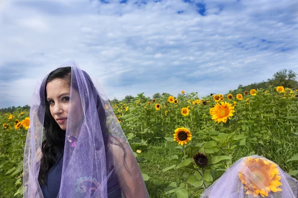 Junge Frau im Sonnenblumenfeld — Stockfoto