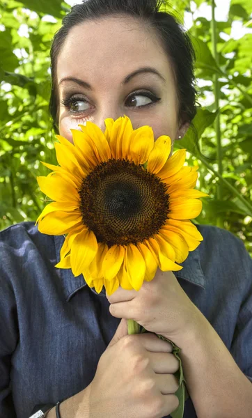 Frau hält sich Sonnenblume ins Gesicht — Stockfoto