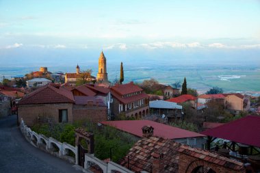 küçük bir kasaba arka planda dağların.