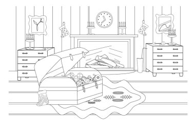 Noel ve yeni yıl için boyama kitabı. Oturma odasını şömine ve Noel oyuncaklarıyla süslemek için hazırlıklar. Oyunlar, selamlar, yaratıcılık, dekorasyon için.