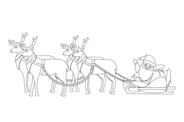 Boyama kitabı. Noel Baba bir çanta dolusu hediyeyle ren geyiği kızağıyla gezer. Noel, yeni yıl arifesi. Beyaz arkaplanda izole edilmiş kapalı bir kontur ile vektör illüstrasyonu.