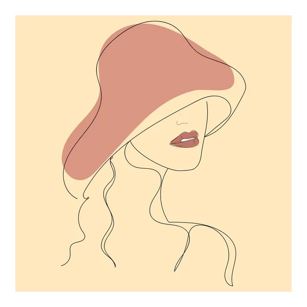 Une Ligne Art Dessin Abstrait Une Belle Fille Dans Chapeau — Image vectorielle
