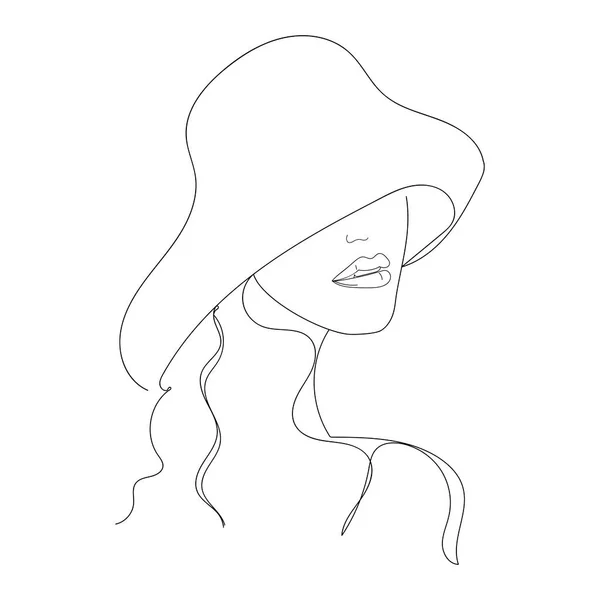 Eine Zeile Kunst Abstrakte Zeichnung Eines Schönen Mädchens Mit Hut — Stockvektor