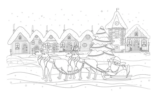 Boyama kitabı. Noel Baba ren geyikleriyle dolu bir kızakta hediye çantası taşıyor. Evleri olan muhteşem, büyülü bir kasaba, sokakta bir Noel ağacı, bir meydan. Noel, Yeni Yıl çizimleri.