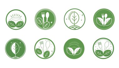 Bir dizi izole vektör logosu, etiketler, sağlıklı gıda reklamları için çıkartmalar, doğal ekolojik ürünler. Dekorasyon için simgeler, logolar, dükkanlar, vegan, vejetaryen ürünler, web, menü tasarımı,