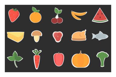 Bir dizi vektör izole edilmiş yiyecek, meyve, sebze ve yiyeceklerin lineer simgeleri. Uygulama için çıkartmalar, amblemler, yiyecek resimleri, et, tavuk, balık, mantar, depolama, tasarım