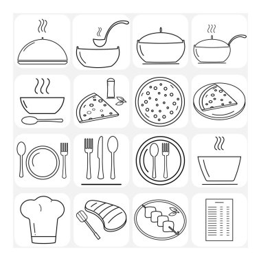 Bir kafe restoranı için vektör logosu seti. Logolar, şablon. Web sayfası uygulaması için pizza çorbası ızgara menüsünün doğrusal ögeleri.