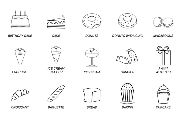 Eine Reihe Von Web Symbole Für Konturen Für Konditoreien Cafés — Stockvektor