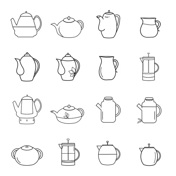 Lineáris Ikonok Teáskanna Teáskanna Line Art Tea Party Asztali Áruk — Stock Vector