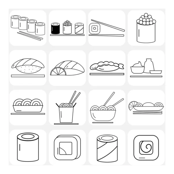 Sushi Fideos Rollos Cocina Conjunto Iconos Lineales Vectoriales Para Diseño — Vector de stock