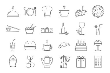 Kafe-restoran, bar için beyaz arka planda bir dizi doğrusal vektör simgesi. Menü öğeleri, ızgara, çorba, pizza, rulo, erişte, pasta, şarap, içecek, tatlı. Füzyon mutfağı. Web sayfası uygulaması için