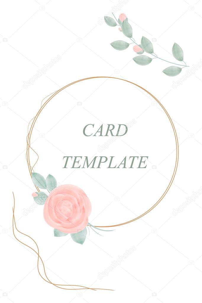 An invitation to a celebration or wedding. Card or ticket template. A wedding card or congratulations with green leaves and roses. Watercolor style. Vector