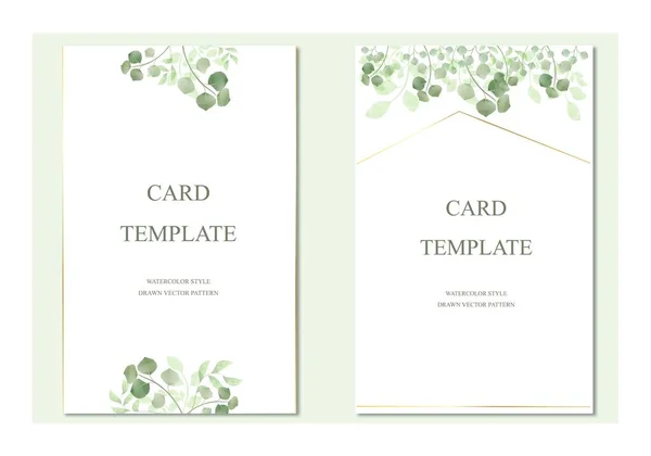 Grün Auf Zweigen Und Laub Eine Reihe Von Hochzeitseinladungskarten Postkartenvorlagen — Stockvektor