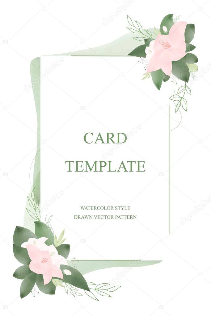 Card and wedding invitation, save date, rsvp, postcard. Delicate watercolor pink shades of flowers with green leaves and watercolor spots. An individual electronic invitation with an adjustable text.