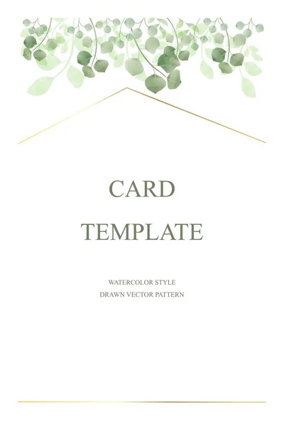 Modèle Carte Feuilles Vertes Nuances Dorées Sur Fond Blanc Invitation — Image vectorielle