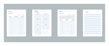 Bir not defteri planlayıcısı oluşturmak için bir dizi şablon, ayrı boş sayfaları olan bir günlük. Bir ay, bir hafta için bütçe planlaması. A4 biçimi yazdırmaya hazır.