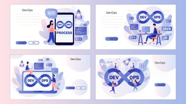 DevOps konsepti. Ufacık programcılar geliştirme ve yazılım işlemleri yapıyor. İniş sayfası, şablon, ui, web, mobil uygulama, poster, afiş, el ilanı için ekran şablonu. Vektör illüstrasyonu