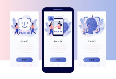 Lazer kimlik kullanarak yüz tanıma. Küçük insanlar yüz taramalarında akıllı telefon ya da dizüstü bilgisayar kullanır. Biyometrik tanımlama sistemi. Mobil, akıllı telefon uygulaması için ekran şablonu. Modern düz çizgi film tarzı. Vektör