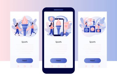 Olimpiyat oyunları. Yaya sporu. Küçük insanlar atletizm podyumunda ayakta duruyor. Rekabetin sembolü olarak alev. Mobil, akıllı telefon uygulaması için ekran şablonu. Modern düz çizgi film tarzı. Vektör illüstrasyonu