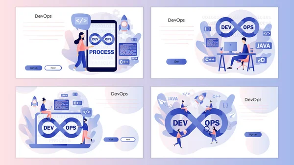 DevOps konsepti. Ufacık programcılar geliştirme ve yazılım işlemleri yapıyor. İniş sayfası, şablon, ui, web, mobil uygulama, poster, afiş, el ilanı için ekran şablonu. Vektör illüstrasyonu