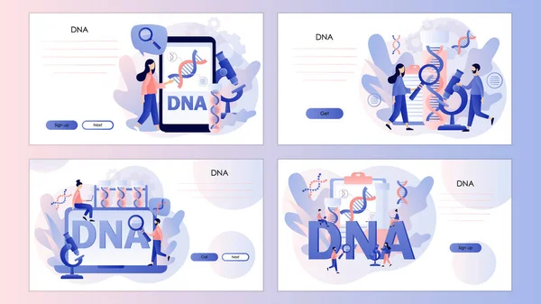 Genetyczna nauka o DNA. Drobni naukowcy badający i testujący DNA w laboratorium. Wielki znak helisy genowej. Szablon ekranu do lądowania strony, szablon, ui, internet, aplikacja mobilna, plakat, baner, ulotka. Wektor — Wektor stockowy
