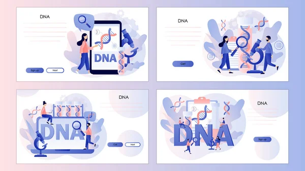 Genetic DNA Science. Minuscules scientifiques enquêtant et testant l'ADN en laboratoire. Grand signe d'hélice génique. Modèle d'écran pour page de destination, modèle, ui, web, application mobile, affiche, bannière, flyer. Vecteur — Image vectorielle