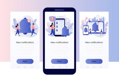Bildirimler. Hatırlatma zili çalsın. Küçük insanlar akıllı telefondan sohbet mesajları alıyorlar. Mobil, akıllı telefon uygulaması için ekran şablonu. Modern düz çizgi film tarzı. Vektör illüstrasyonu