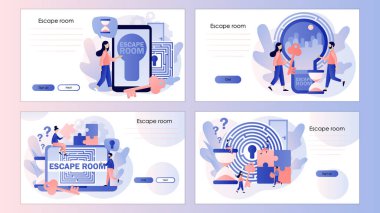 Kaçış odası. Araştırma odası. Küçük insanlar bulmacaları çözmeye çalışıyor, tuzaklardan kurtulmaya, bilmece çözümleri bulmaya çalışıyorlar. İniş sayfası, şablon, ui, web, mobil uygulama, poster, afiş, broşür için ekran şablonu.